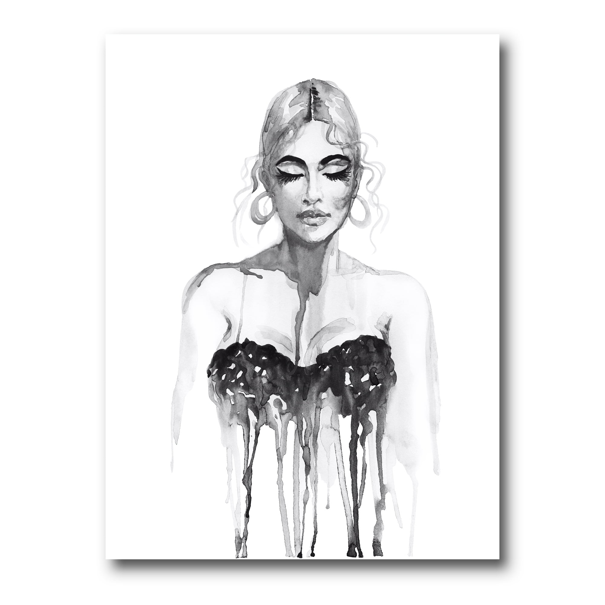 Black and White Portrait of Woman Wearing Evening Dress 12 in x 8 in Painting Canvas Art Print, by Designart