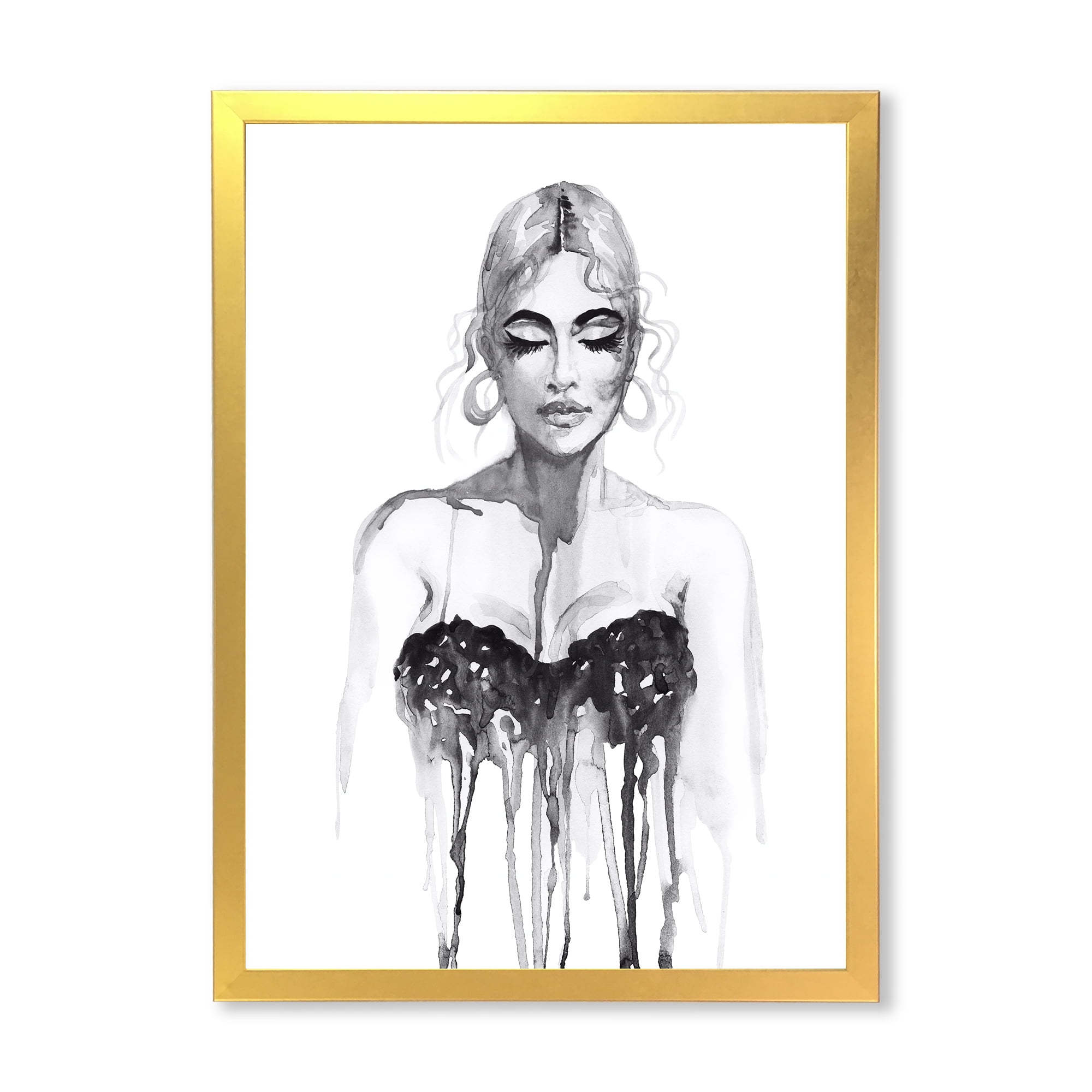 Black and White Portrait of Woman Wearing Evening Dress 30 in x 40 in Framed Painting Canvas Art Print, by Designart
