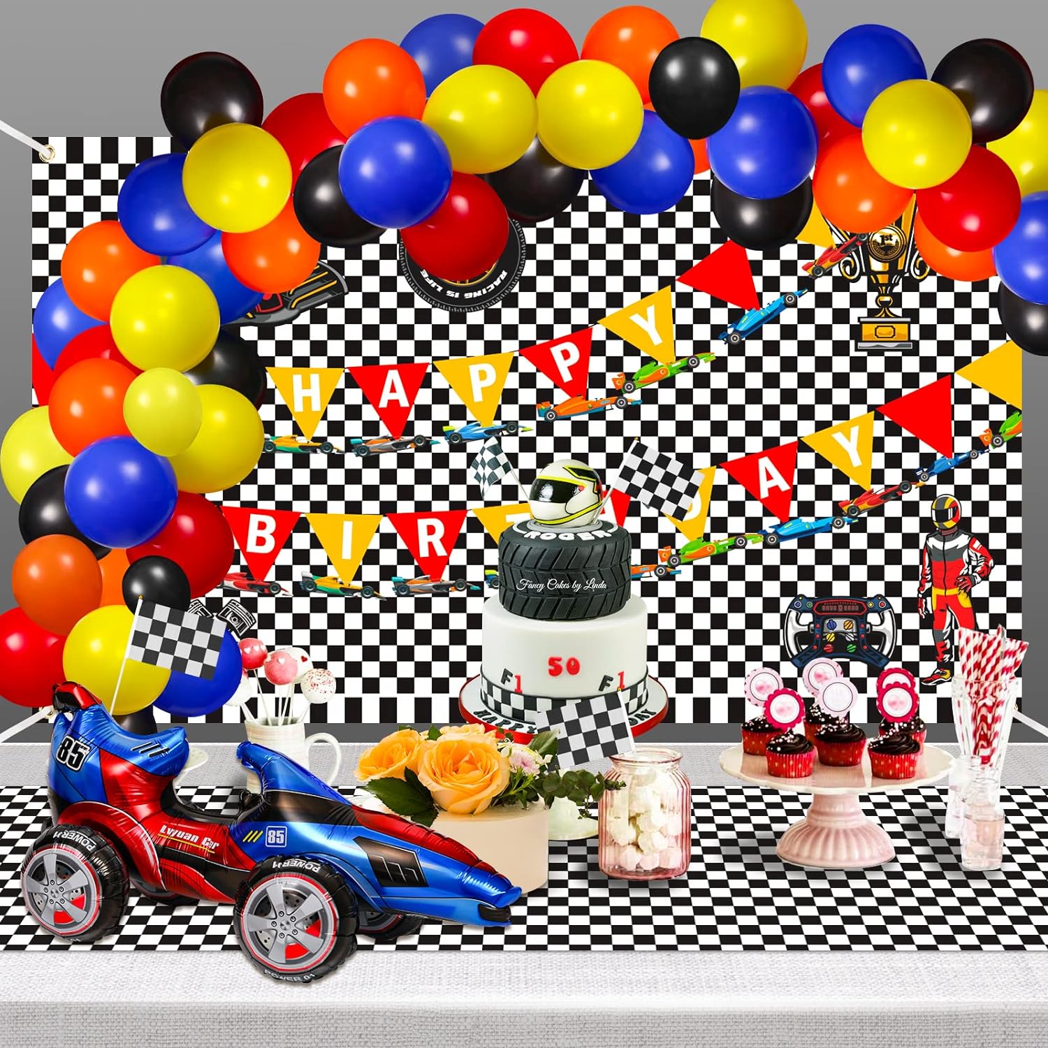 Black and White Race Car Checkered Party Decorations Kit Backdrop