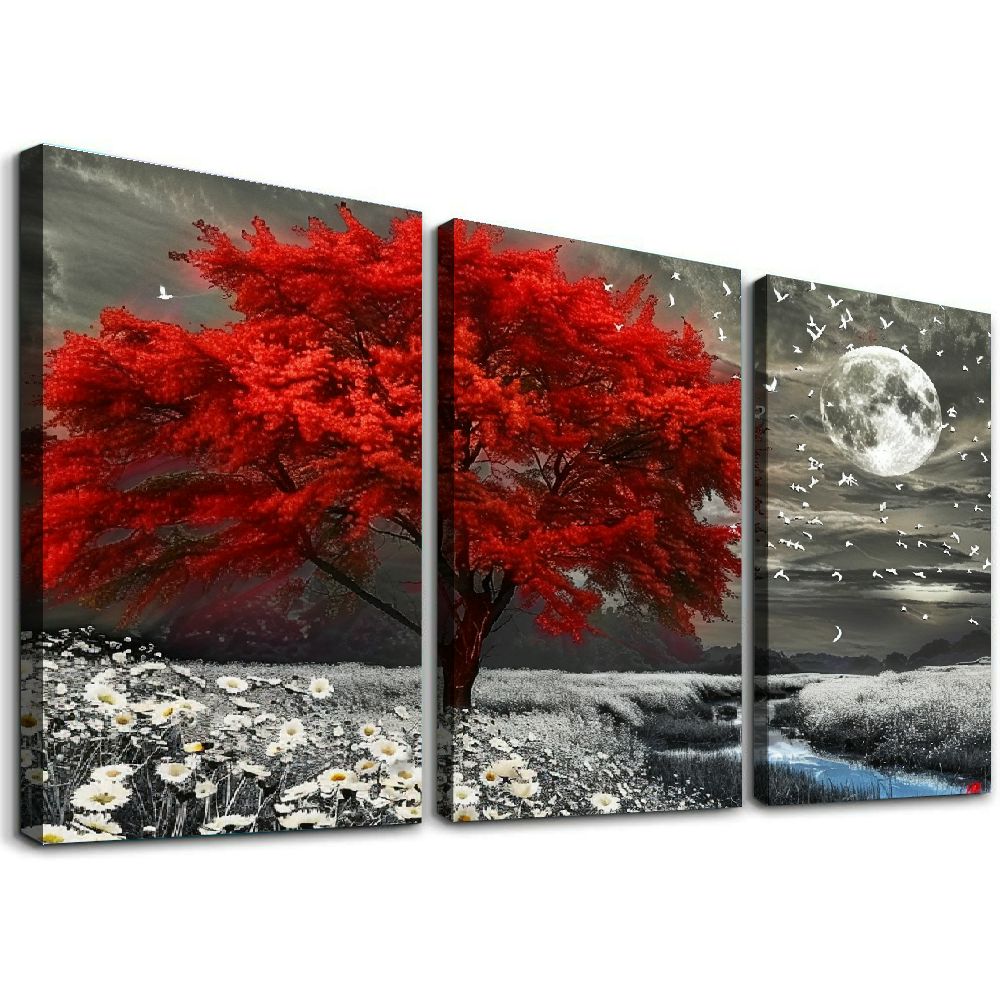 Black and White Red Tree Wall Art, Large Canvas Print, Modern Landscape
