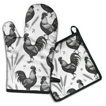 Black and White Rooster Kitchen Oven Mitt and Pot Holder Sets 2 Pcs for Baking, Cooking and Grilling, Heat Resistant Up To 392 °F