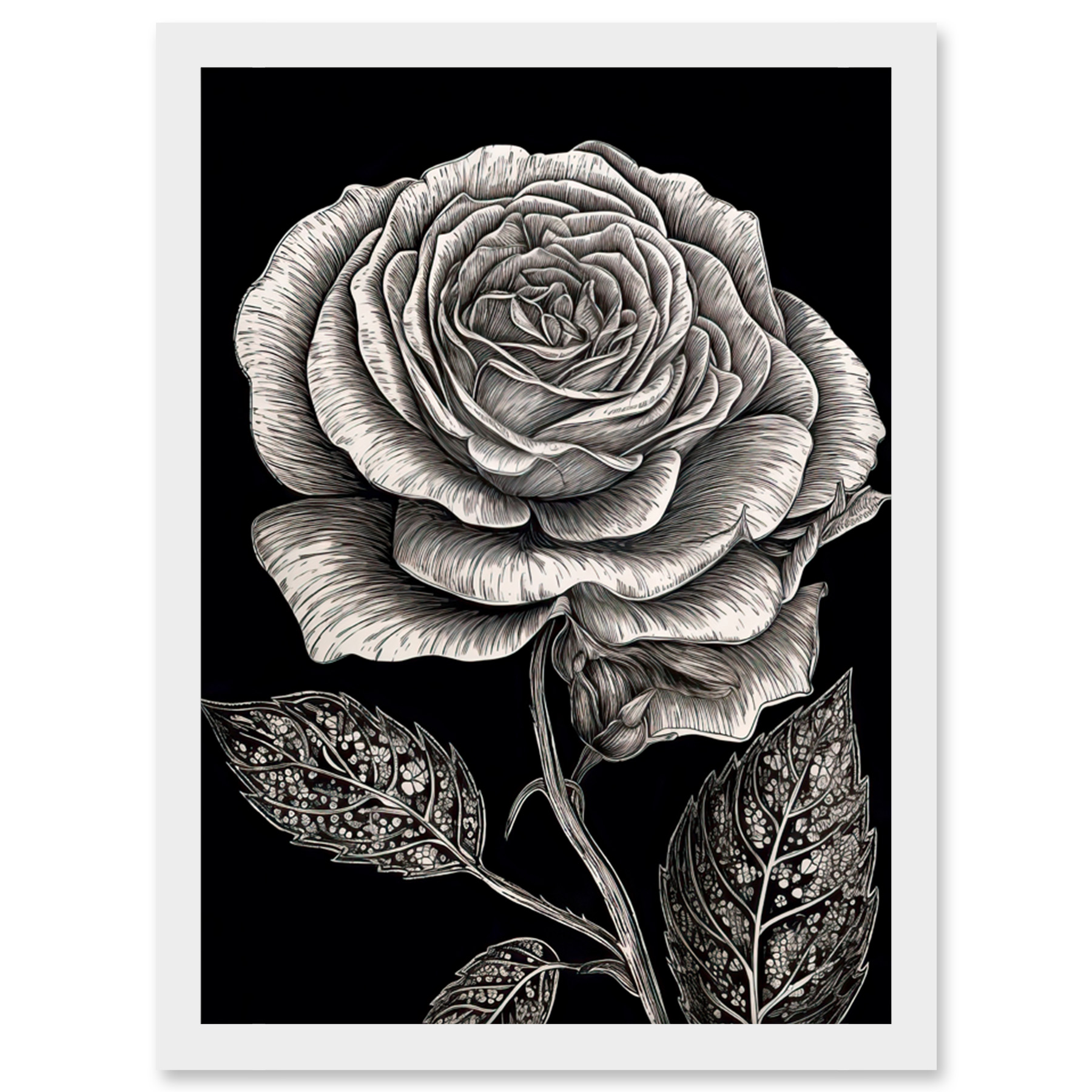 Black and White Rose Bloom with Patterned Leaves Artwork Framed Wall ...