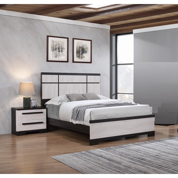 Black and White Rustic Wooden Panel King Size Bed 2x Nightstand 3pc Bedroom Furniture Set