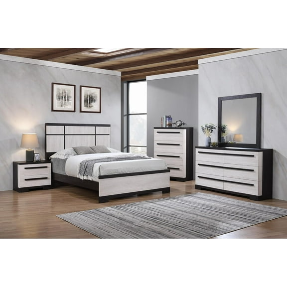 Black and White Rustic Wooden Panel Queen Size Bed 4pc Bedroom Set Furniture