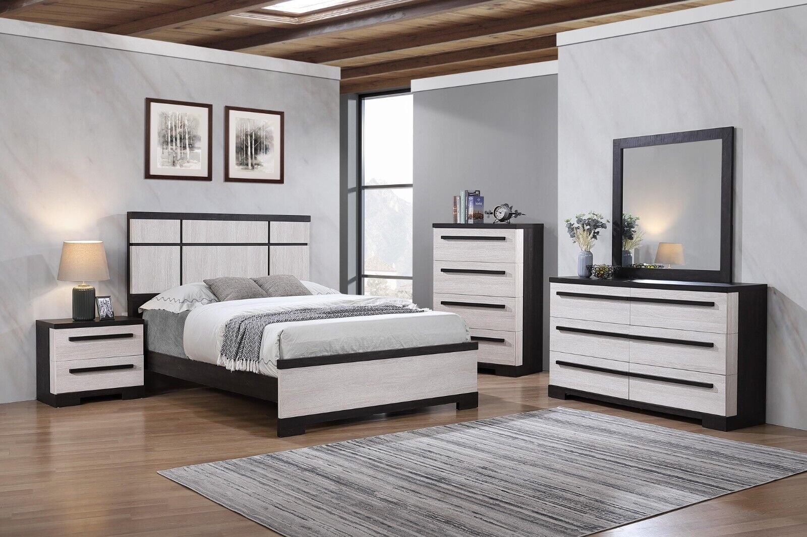 Black and White Rustic Wooden Panel Queen Size Bed 6pc Master Bedroom ...