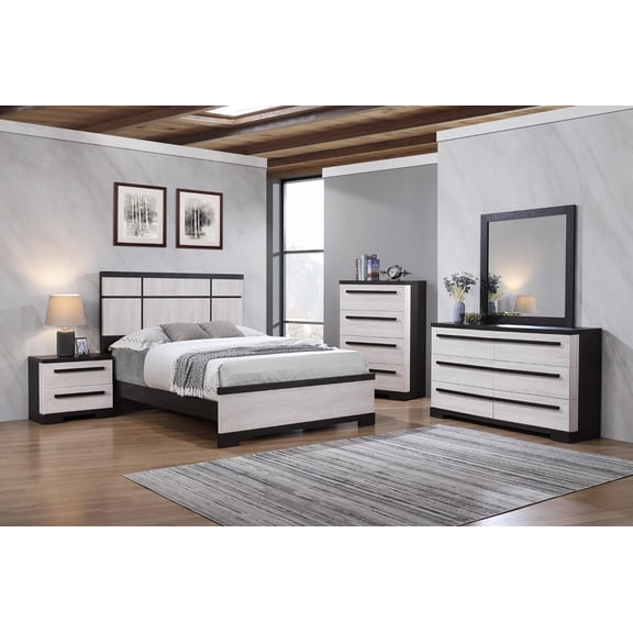 Black and White Rustic Wooden Panel Queen Size Bed 6pc Master Bedroom Set Furniture
