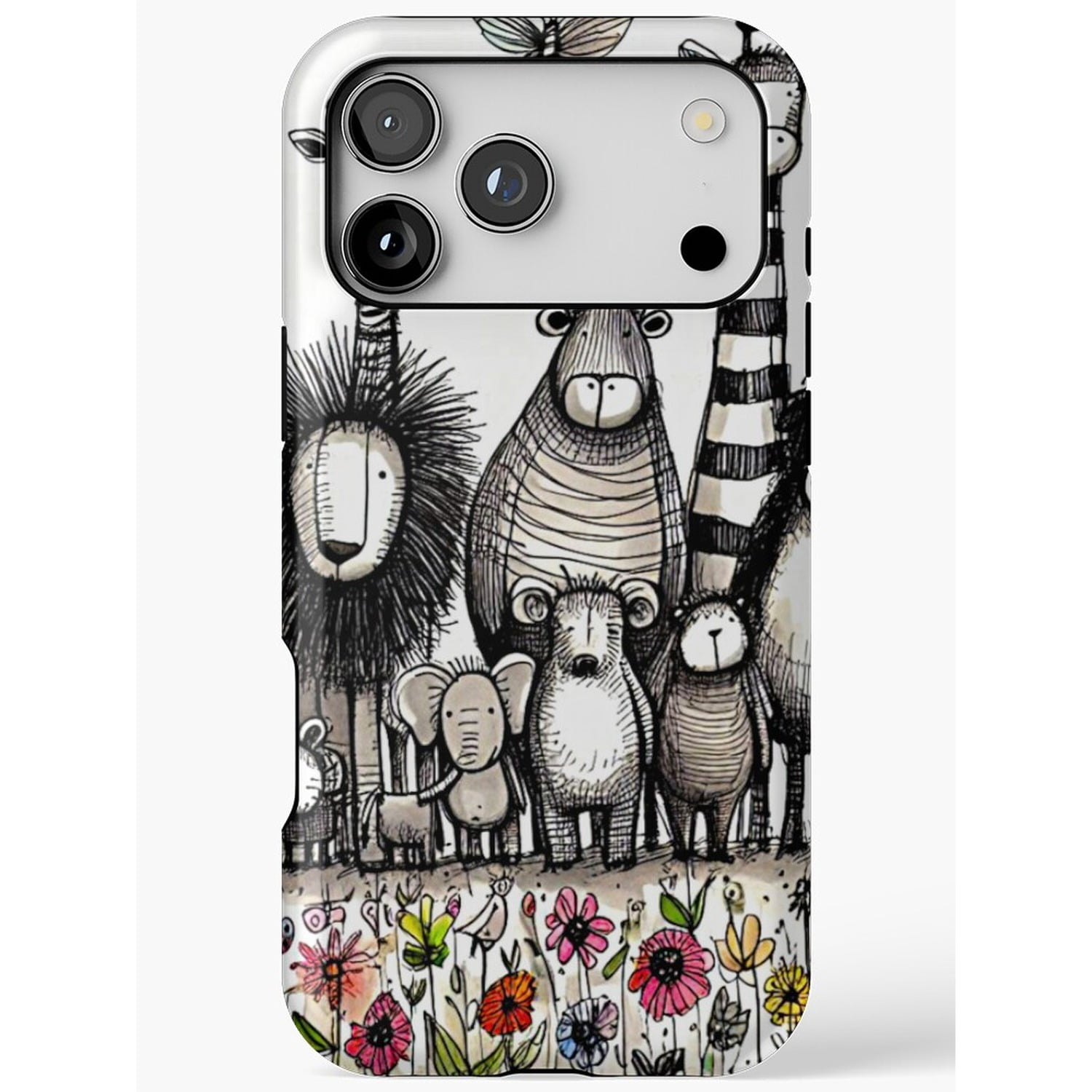 Black and White Safari Animals and Pink Wildflowers Tough Cell Phone ...
