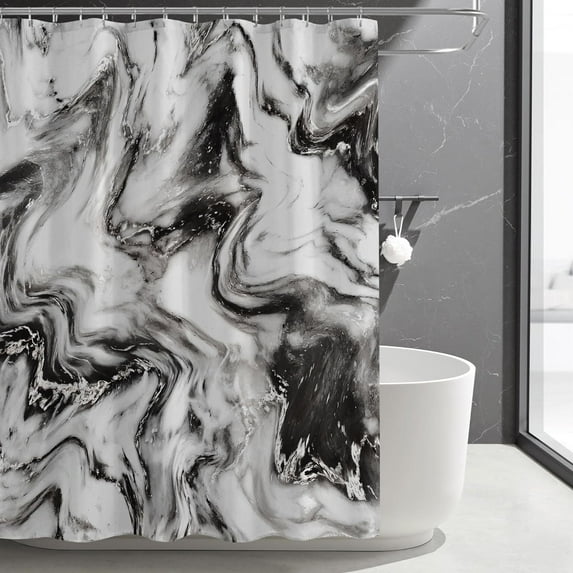 Black and White Shower Curtain, Abstract Marble Shower Curtain for Modern Bathroom Decor, Waterproof Fabric Shower Curtain Set with Hooks, 72 x 72