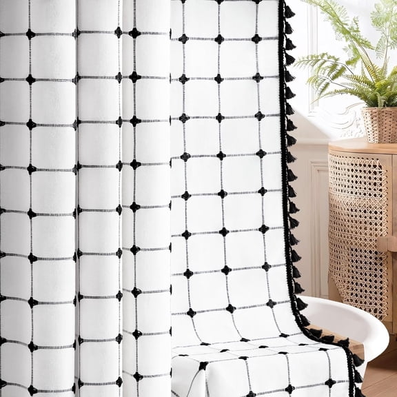 Black and White Shower Curtain Farmhouse Boho Cotton Fabric with Embroidered Plaid Pattern and Tassels for Bathroom,72" W×72" L