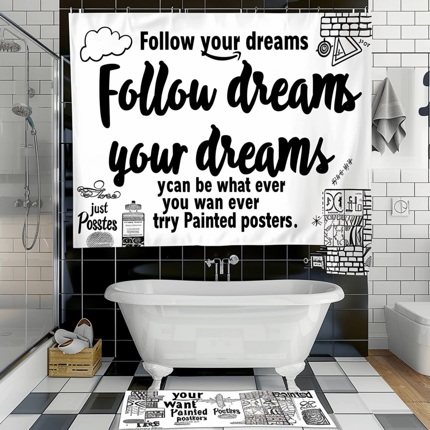 Black and White Shower Curtain Follow Your Dreams Bathroom Decor