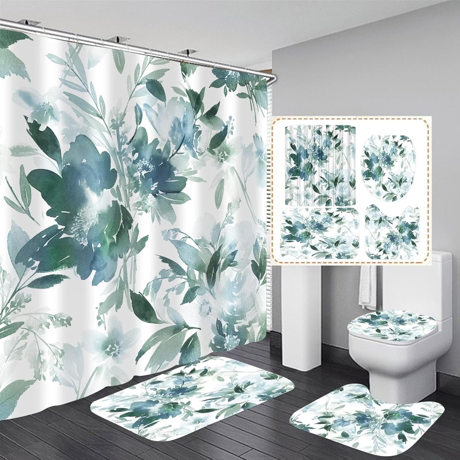 Green Leaves Shower Curtain Set Bathroom Sets Flower Shower Curtain Set with Rugs,Bathroom Shower Curtain Set with Carpet Bath Mat Toilet Rugs