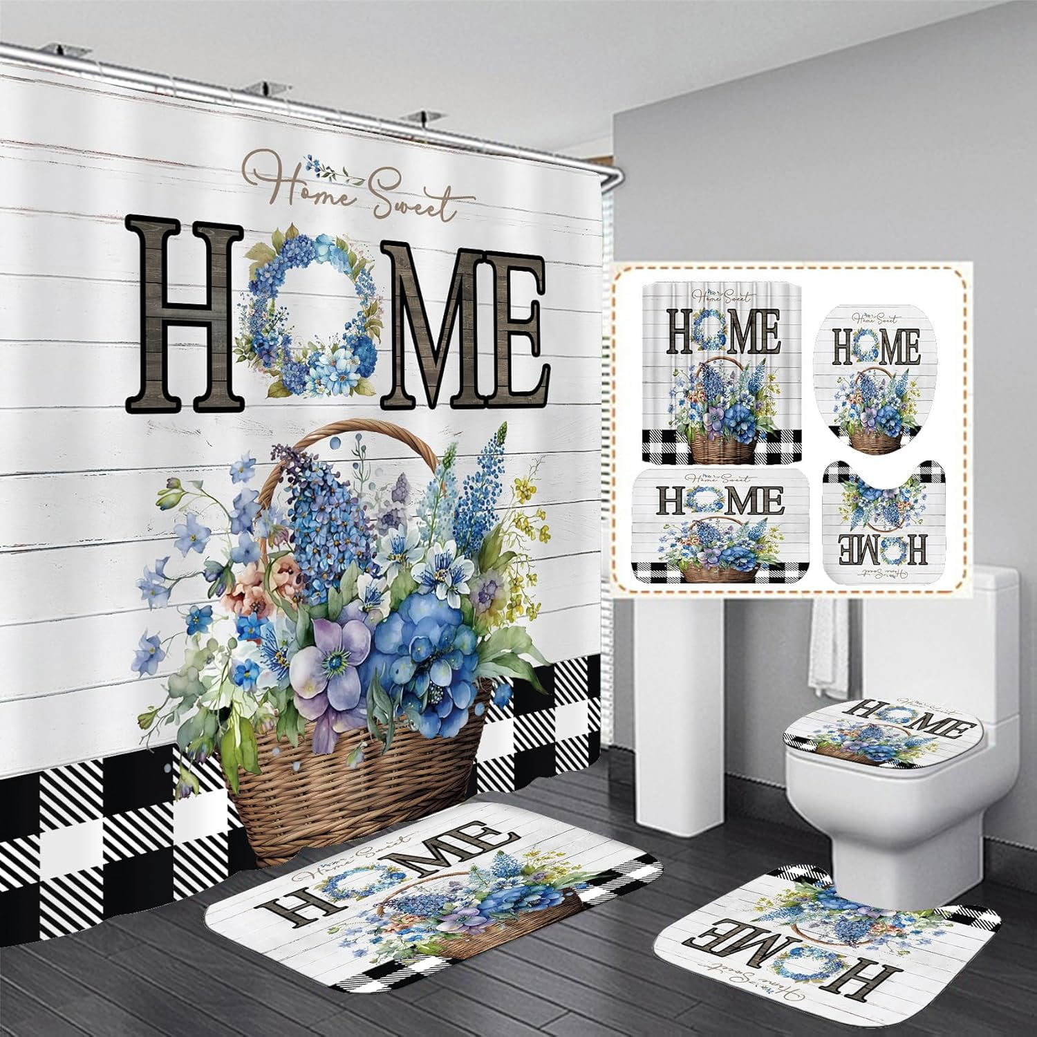 Blue Flower Shower Curtain Set Home Sweet Home Bathroom Sets Rustic Shower Curtain Set with Rugs,Bathroom Shower Curtain Set with Carpet Bath Mat Toilet Rugs