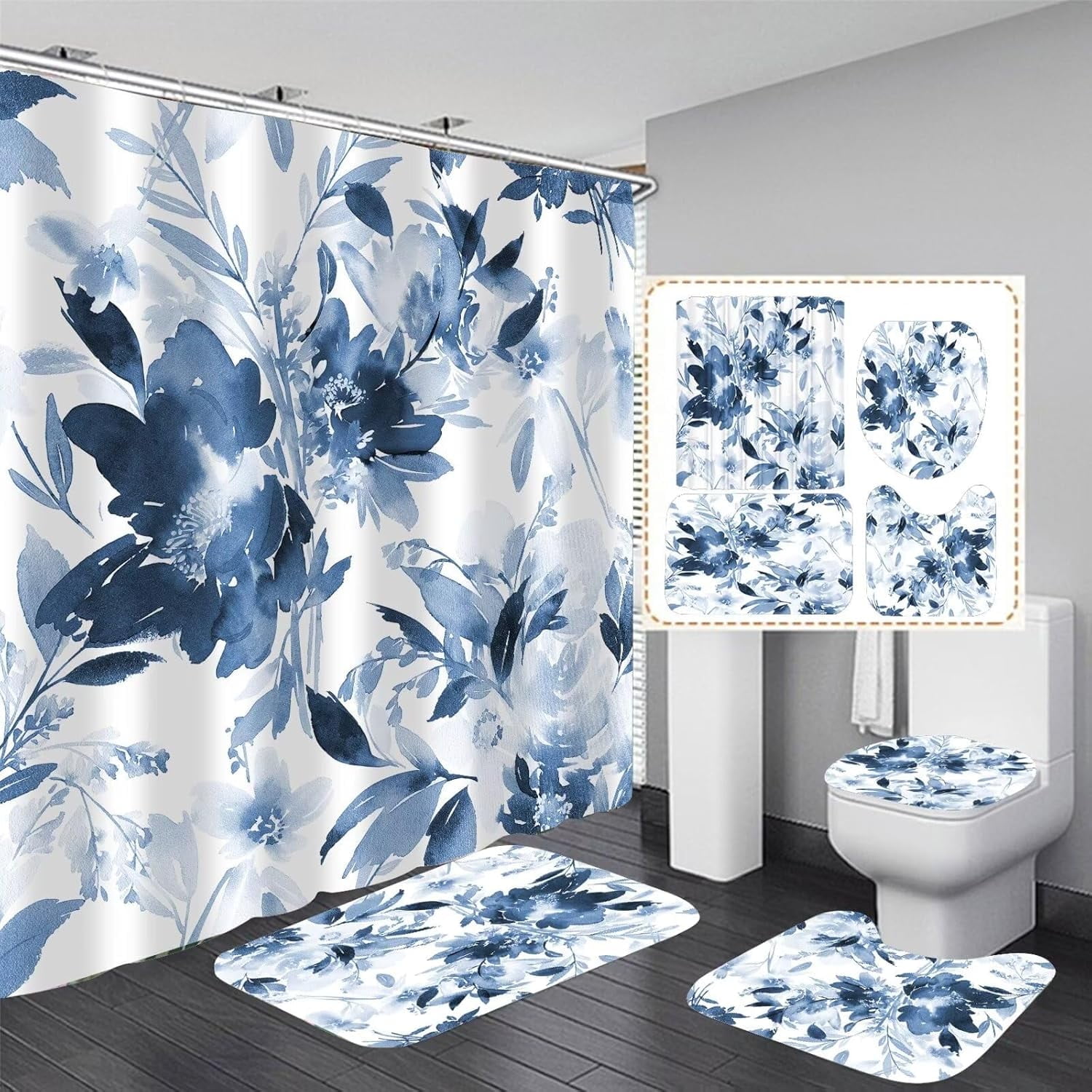 Blue Leaves Shower Curtain Set Bathroom Sets Flower Shower Curtain Set with Rugs,Bathroom Shower Curtain Set with Carpet Bath Mat Toilet Rugs