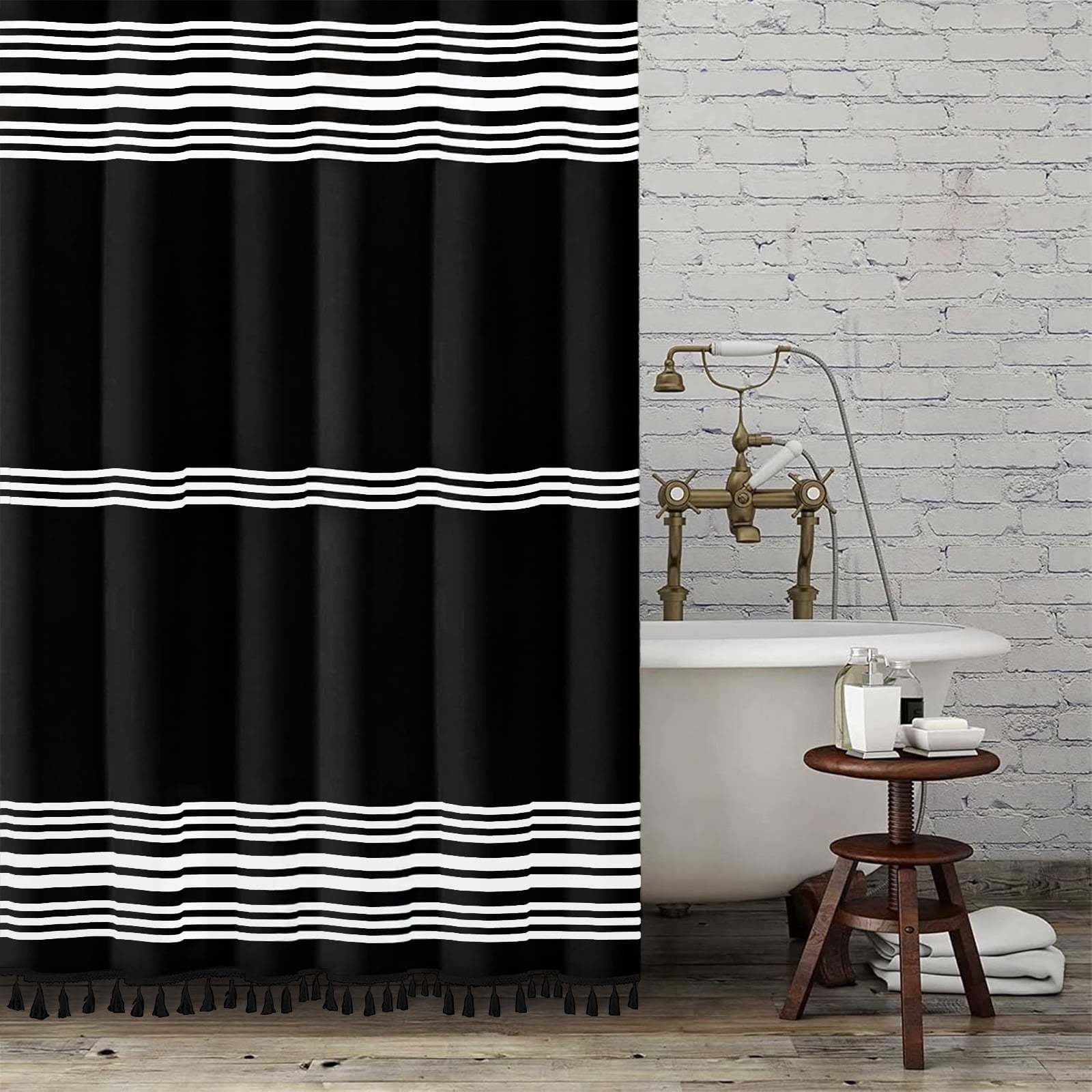 Seasonwood Black and White Shower Curtain Striped with Tassel Modern Bathroom Curtains, Fabric, Waterproof 72x72 inch