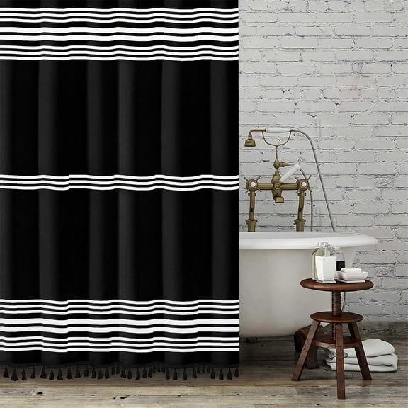 Seasonwood Black and White Shower Curtain Striped with Tassel Modern Bathroom Curtains, Fabric, Waterproof 72x72 inch