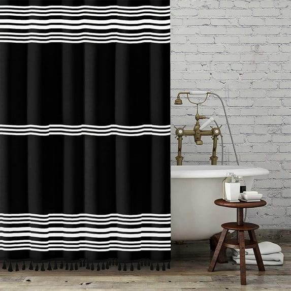 Seasonwood Black and White Shower Curtain Striped with Tassel Modern Bathroom Curtains, Fabric, Waterproof 72x72 inch