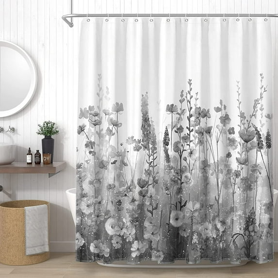 Black and White Shower Curtain with Grey Flower, Wildflower Floral Fabric Shower Curtains Set for Farmhouse Rustic Bathroom with Hooks, 72x72 Inches