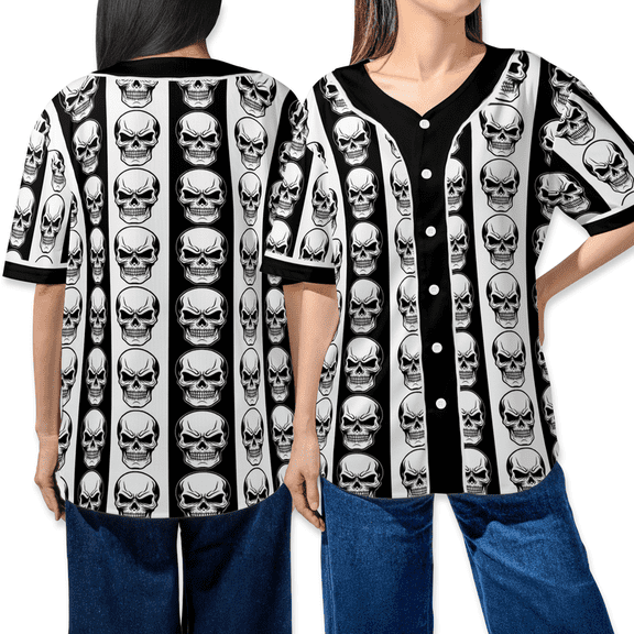 Black and White Skull Pattern Baseball Jersey – Gothic Punk Halloween Shirt for Men and Women, Edgy Unisex Top, Halloween Outfit