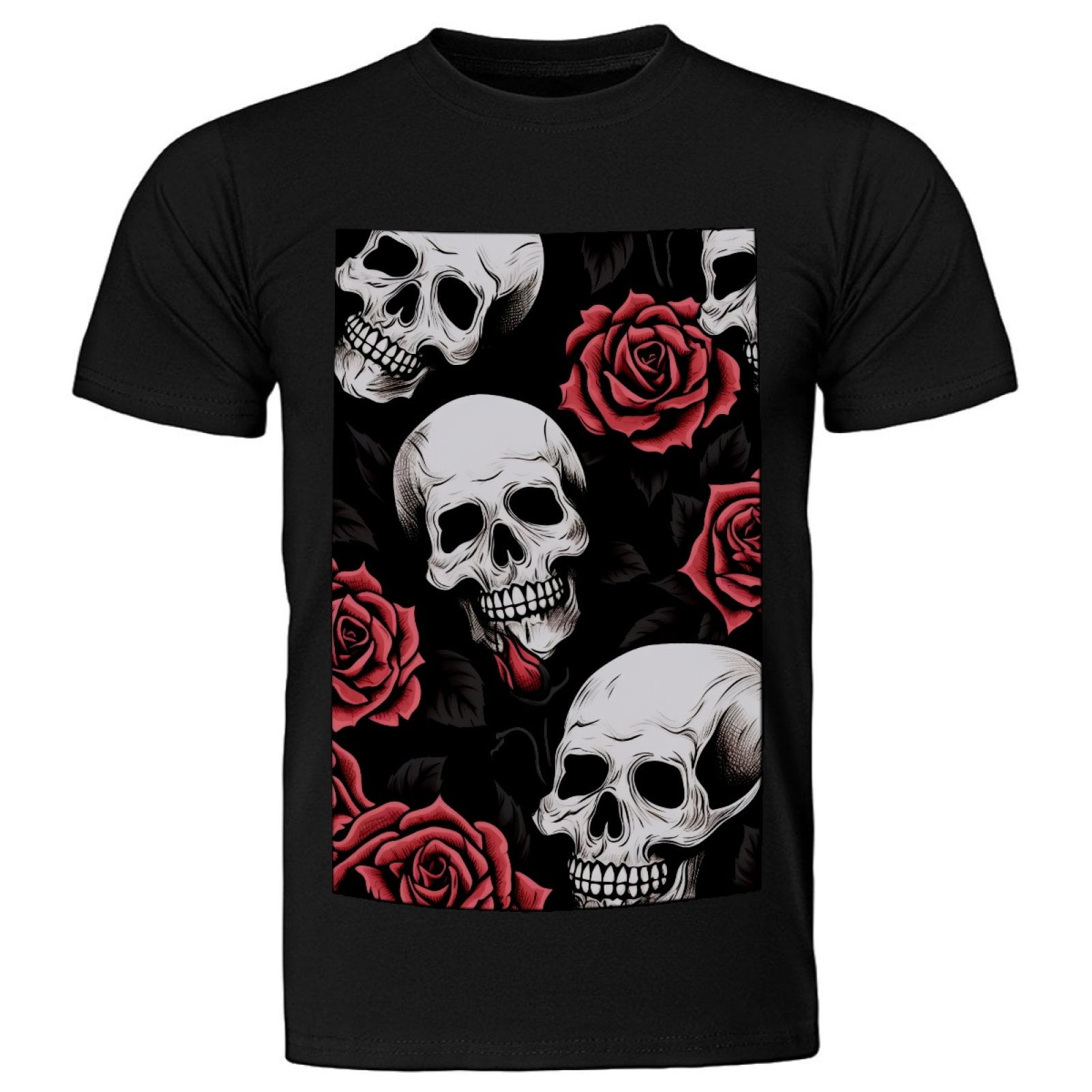 Black and White Skull Rose Cotton Short Sleeve Black T Shirts for Men ...