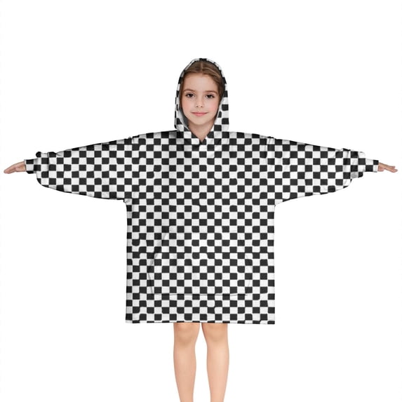 Black and White Small Checkered Pattern Blanket Hoodies for Kids 6-13YR Oversize Wearable Blanket Hoodies for Boys Girls Teens