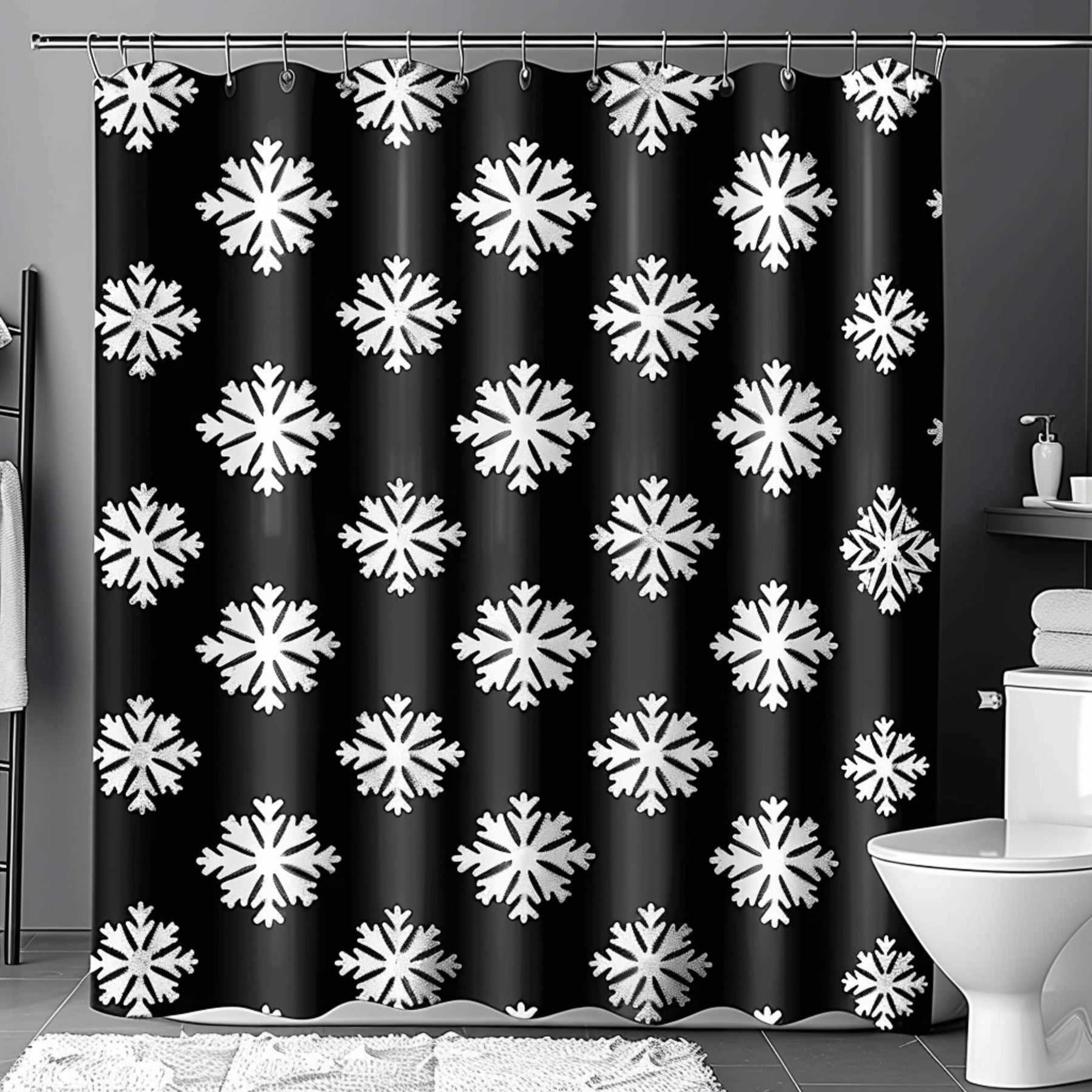 Black and White Snowflake Pattern Shower Curtain Grunge Style Bathroom