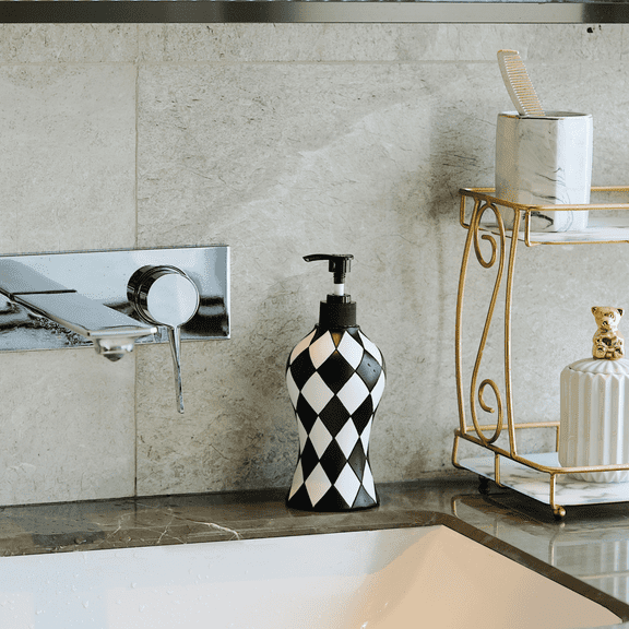 Black and White Soap Dispenser with Rust Proof Pump, Refillable Liquid Hand Lotion Bottle for Bathroom, Bedroom and Kitchen ,Checkerboard Decor