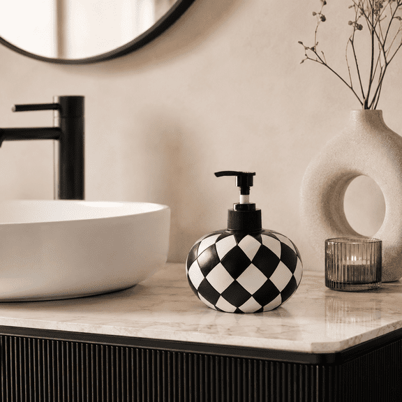 Black and White Soap Dispenser with Rust Proof Pump, Refillable Liquid Hand Lotion Bottle for Bathroom, Bedroom and Kitchen ,Checkerboard Decor