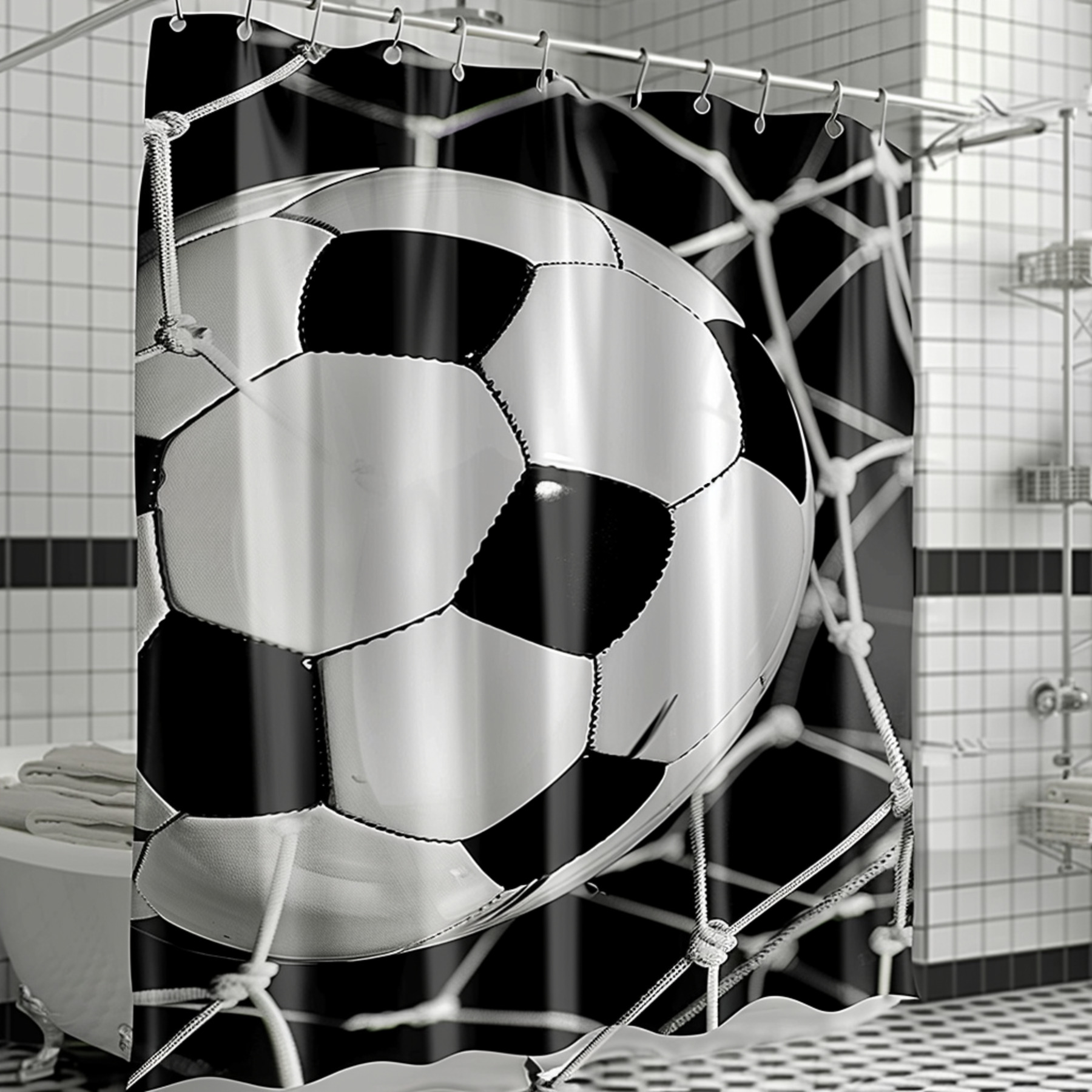 Black and White Soccerball in Goal Bathroom Shower Curtain Ultra ...