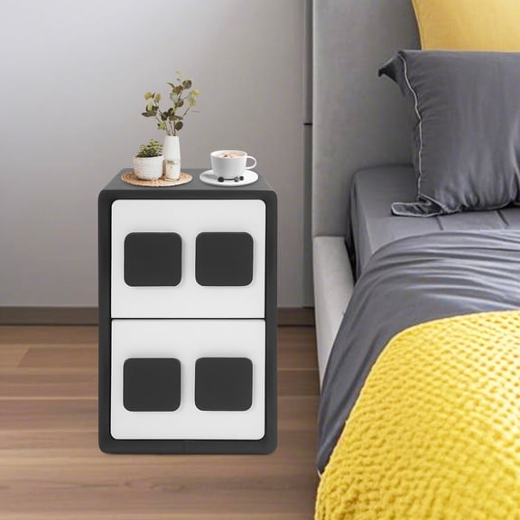 Black and White Solid Wood Particle Board 30x40x50cm Self-Contained 2-Story Bedside Table Rounded Corner Design Solid Wood Locker