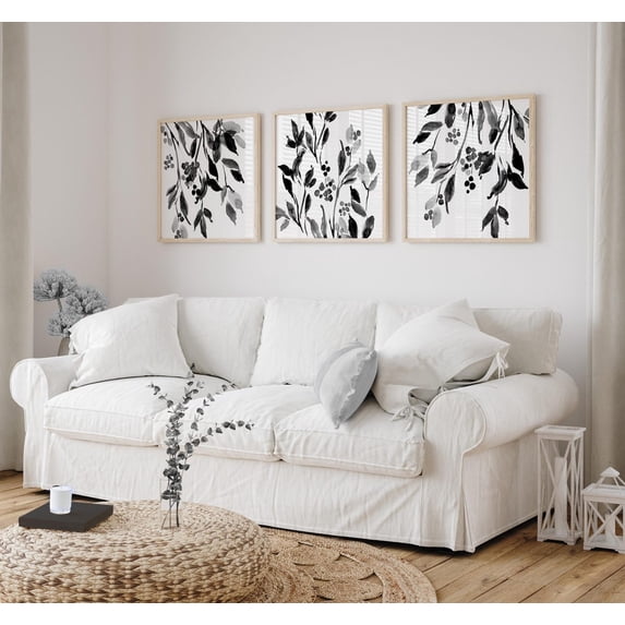 Black and White Square Print Grey Watercolor Style Botanical Art Prints ...