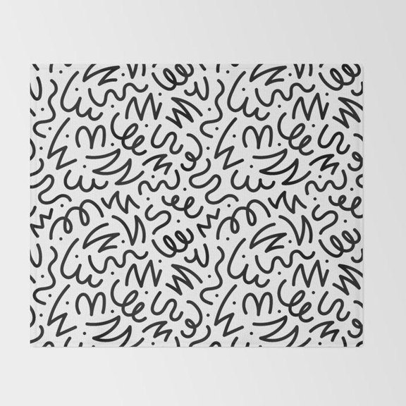 Black and White Squiggle Doodle Fleece Blanket, Polyester Fleece Fabric, 280 GSM, for Couch or Bed