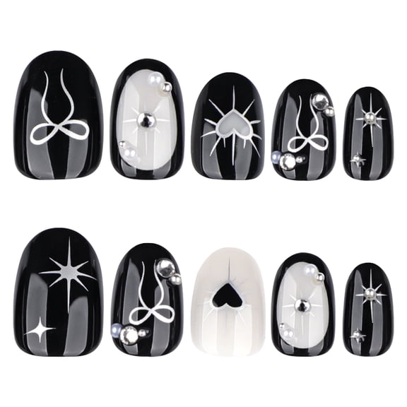 Black and White Star Bow Heart Geometric Design Press on Nails, Short Squoval Glossy False Nails with Rhinestone and Pearl Accents, 24 Count