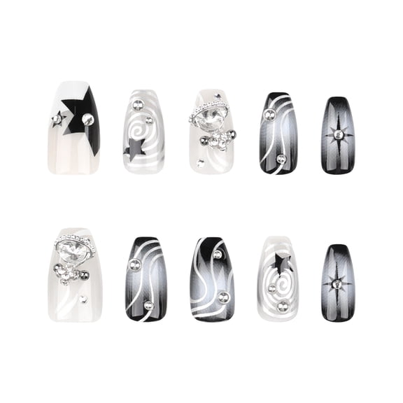 Black and White Star Pattern Press on Nails, Long Coffin Shape Glossy False Nails with Rhinestone Accents, 24 Count