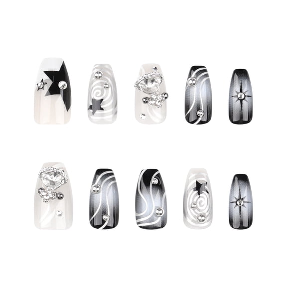 Black and White Star Pattern Press on Nails, Long Coffin Shape Glossy False Nails with Rhinestone Accents, 24 Count