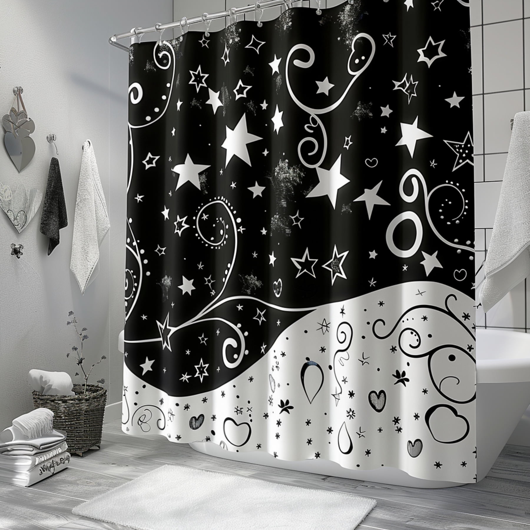 Black and White Starry Night Shower Curtain with ed Stars Swirls and ...