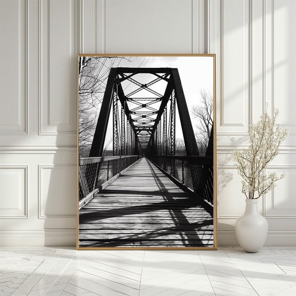 Black and White Steel Bridge Photo: Modern Landscape Art Poster Decor For Living Room Bedroom, Size 8x12 UNFFRAMED F03.1.7l1848
