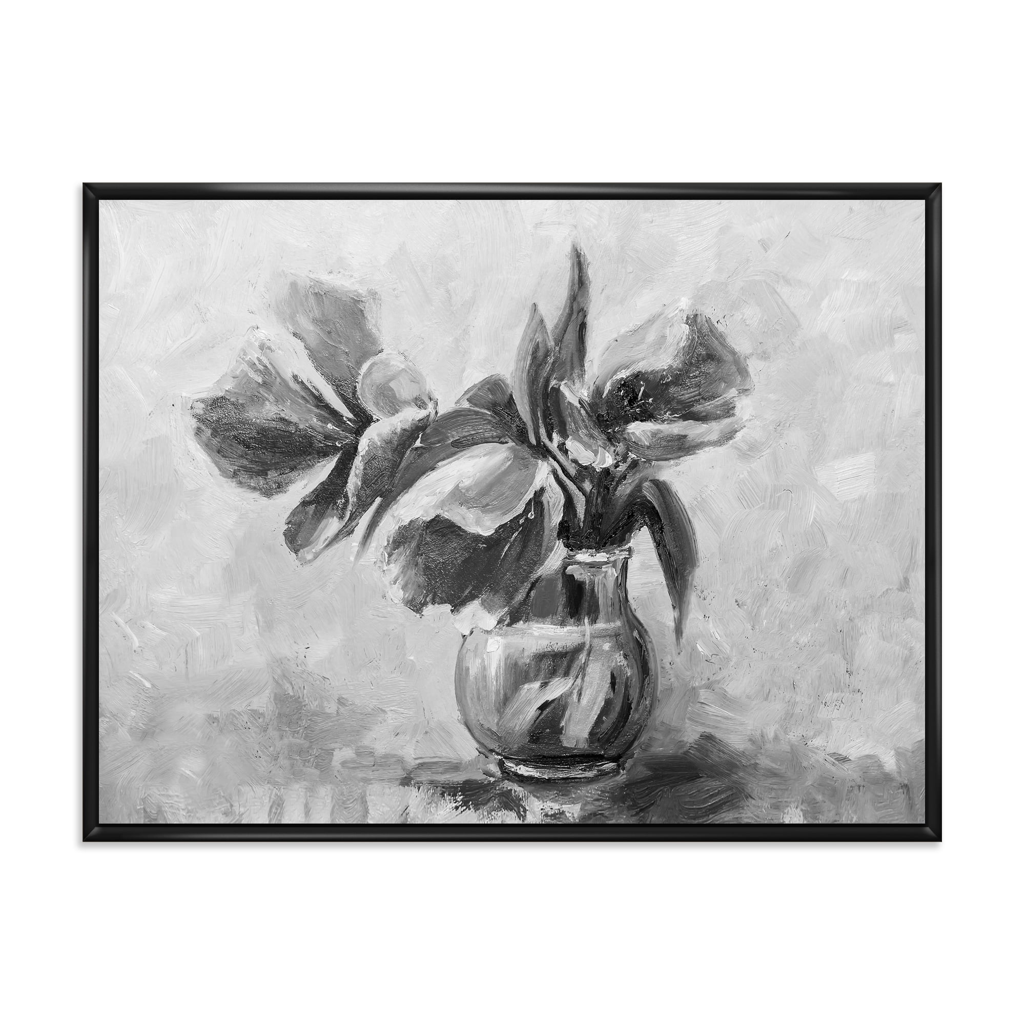 Black and White Still Life Of Flowers In A Vase 32 in x 16 in Framed Painting Canvas Art Print, by Designart