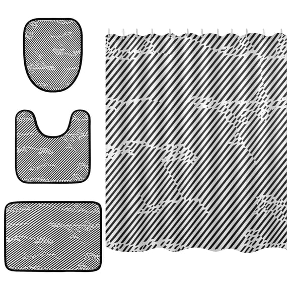 Black and White Stripe Design Bathroom Accessory Curtain Sets Bath Curtain Anti-Slip Mats and Toilet Pad 66x72in