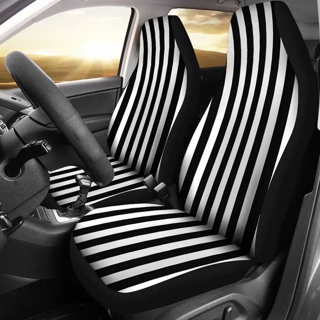 Black and White Striped Car Seat Covers Set Vertical Stripes Universal