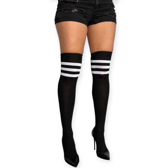 Black and White Striped Cotton Tube Socks for Women