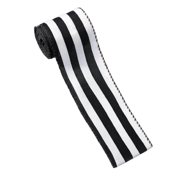 Black and White Striped Fabric Ribbon with Stitched Edges, 1 Roll, for Christmas Tree and Gift Wrapping Decoration