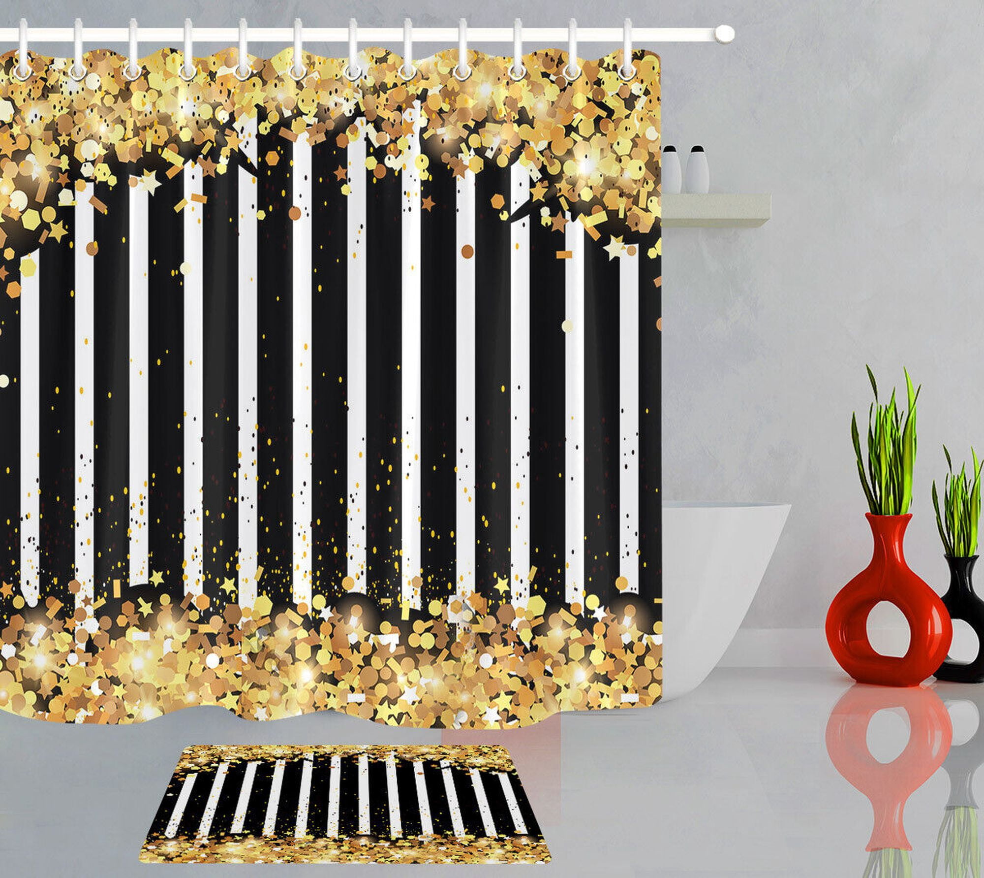 Black and White Striped Gold Shower Curtain Liner Fabric - Walmart.com