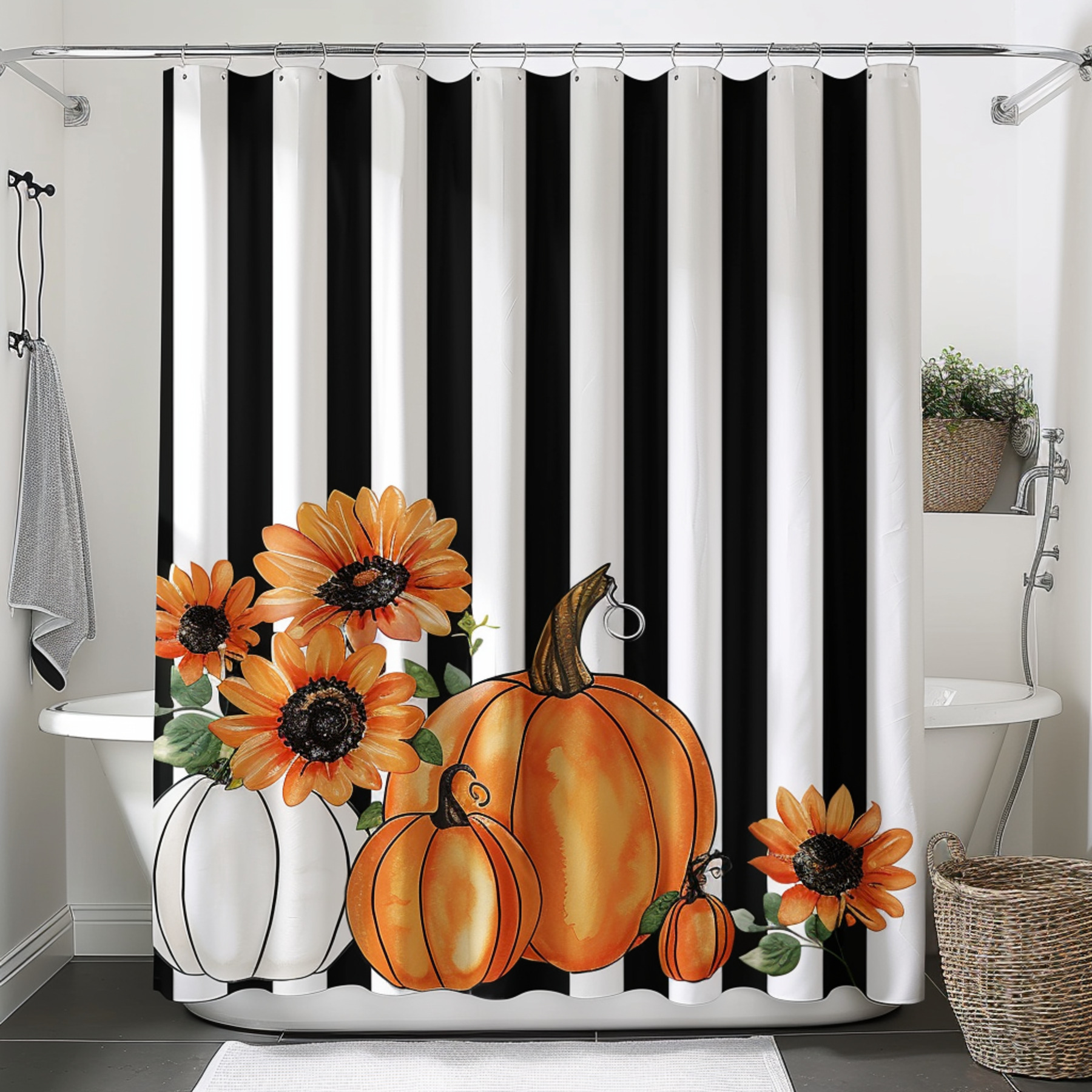 Black and White Striped Pumpkin Patch Shower Curtain with Watercolor