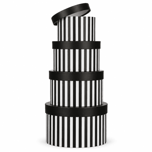 Black and White Striped Round Nesting Gift Boxes with Lids, Set of 4