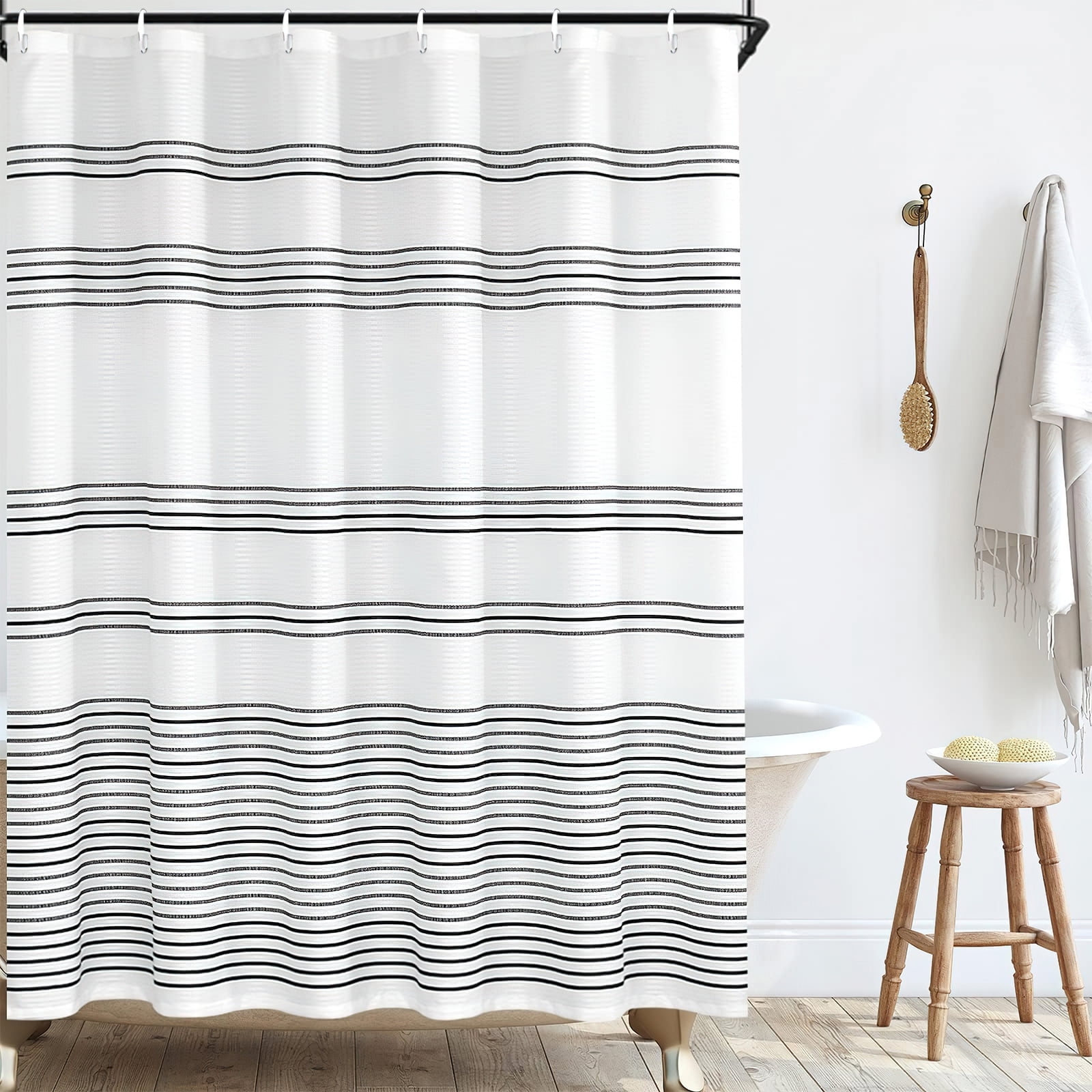 Bevtee Black and White Striped Shower Curtain, Fabric Shower Curtain