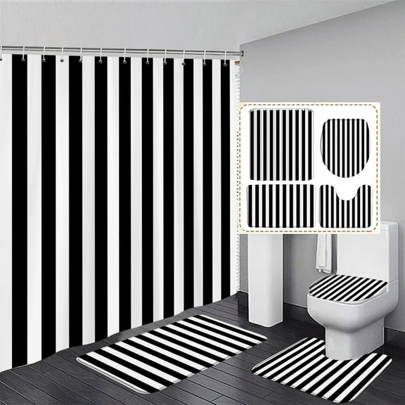 Black and White Striped Shower Curtain Set Modern Geometric Bath Curtains Bathroom r Carpet with Bath Mats Toilet Lid Cover