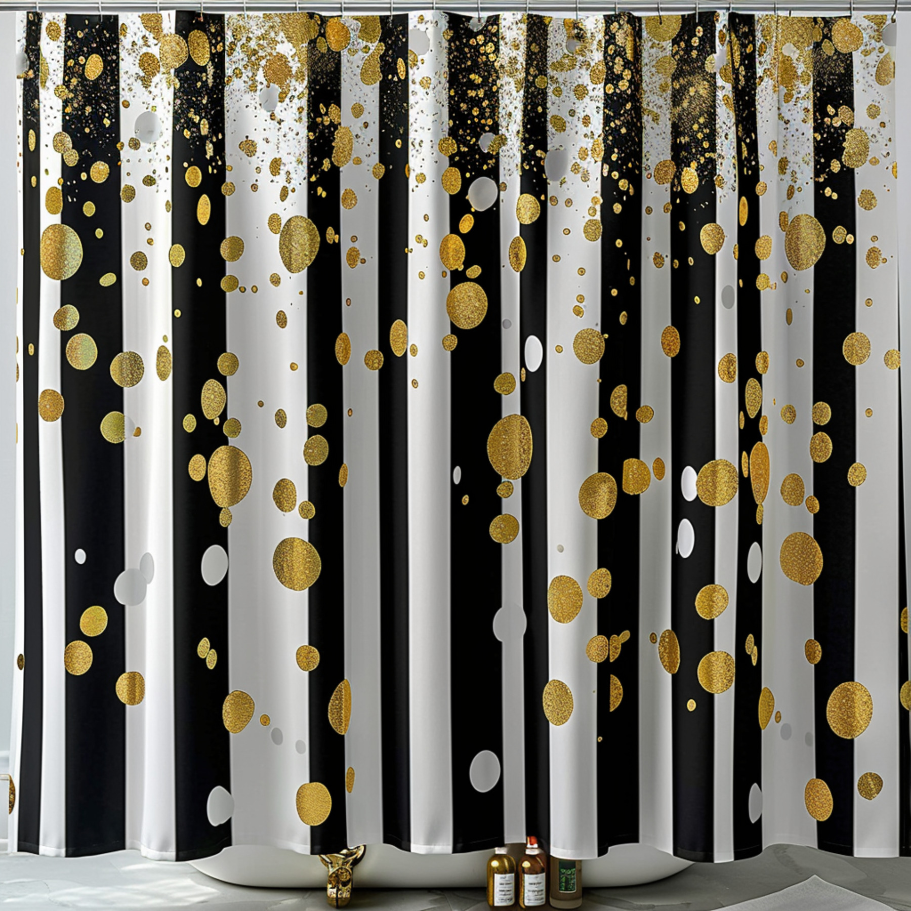 Black and White Striped Shower Curtain with Golden Confetti and Spots