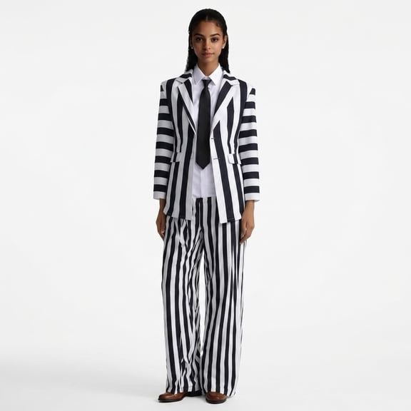 Black and White Striped Suit - Movie-Accurate Costume with Signature Pinstripe, Adult Womens Halloween Cosplay Outfit