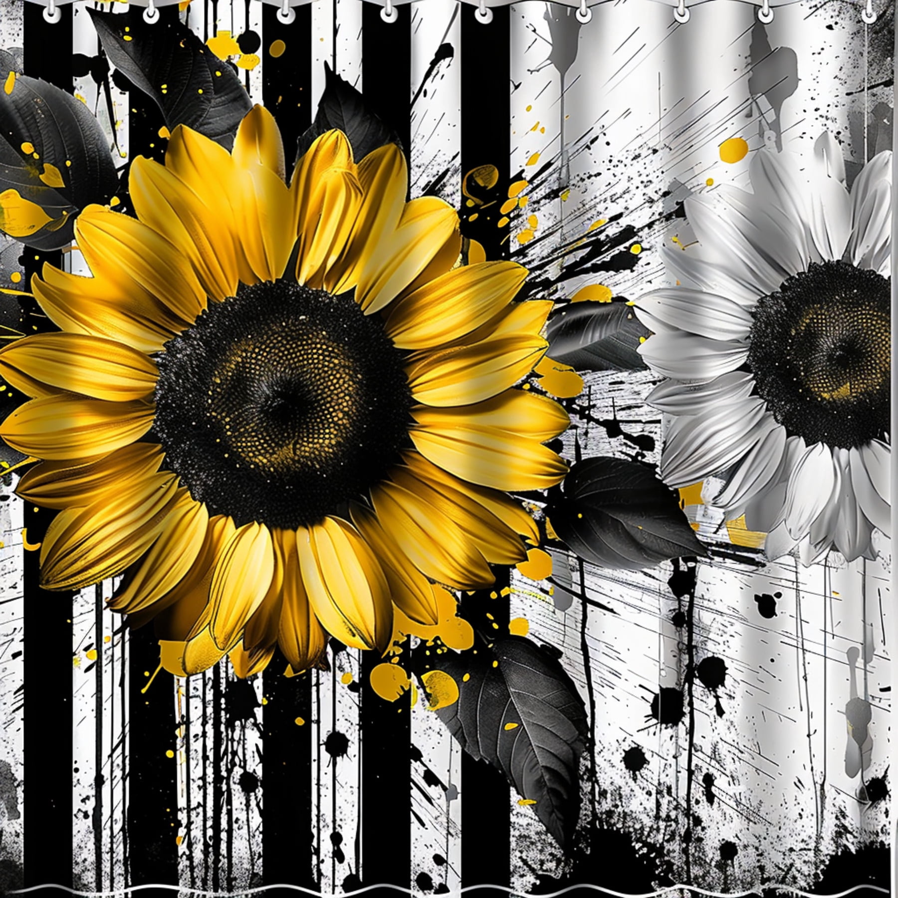 Black and White Striped Sunflower Shower Curtain with Paint Splashes Ultra Realistic White