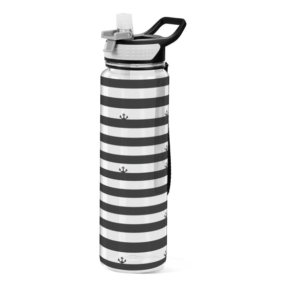 Black and White Stripes 1000ml Tritan Sport Bottle Straw LeakProof Food-Grade Portable Wide Handle